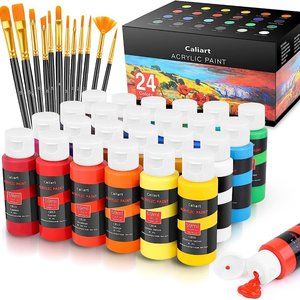 NEW 24 Caliart Acrylic Paint Set colors (59ml, 2oz) Art Craft Paints 12 brushes